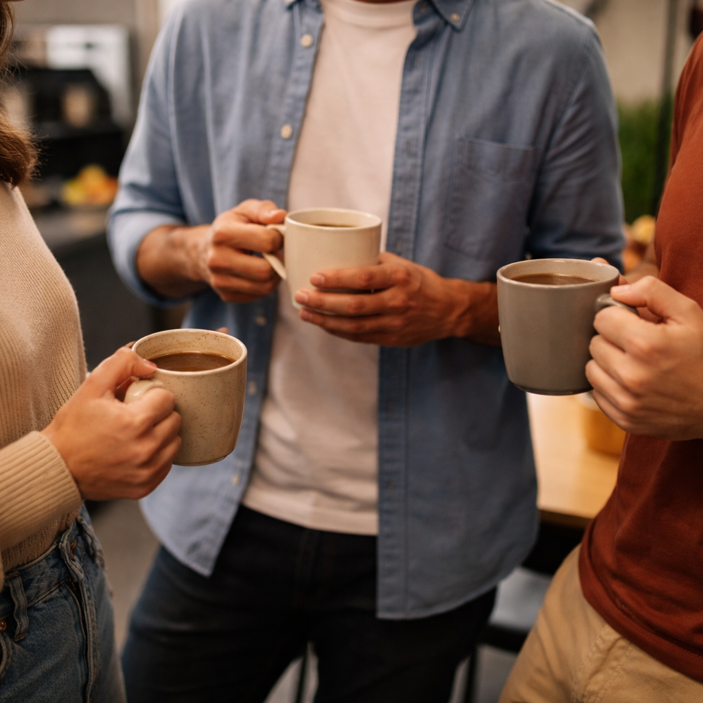 Trois personnes tenant des tasses de café lors d'une pause