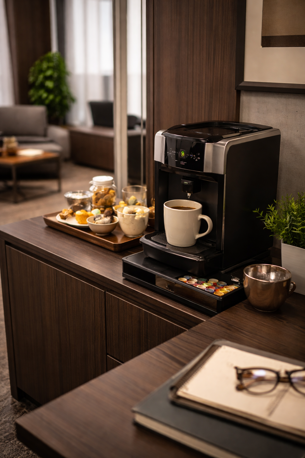 Machine à café à dosettes avec plateau de viennoiseries en chambre d'hôtel