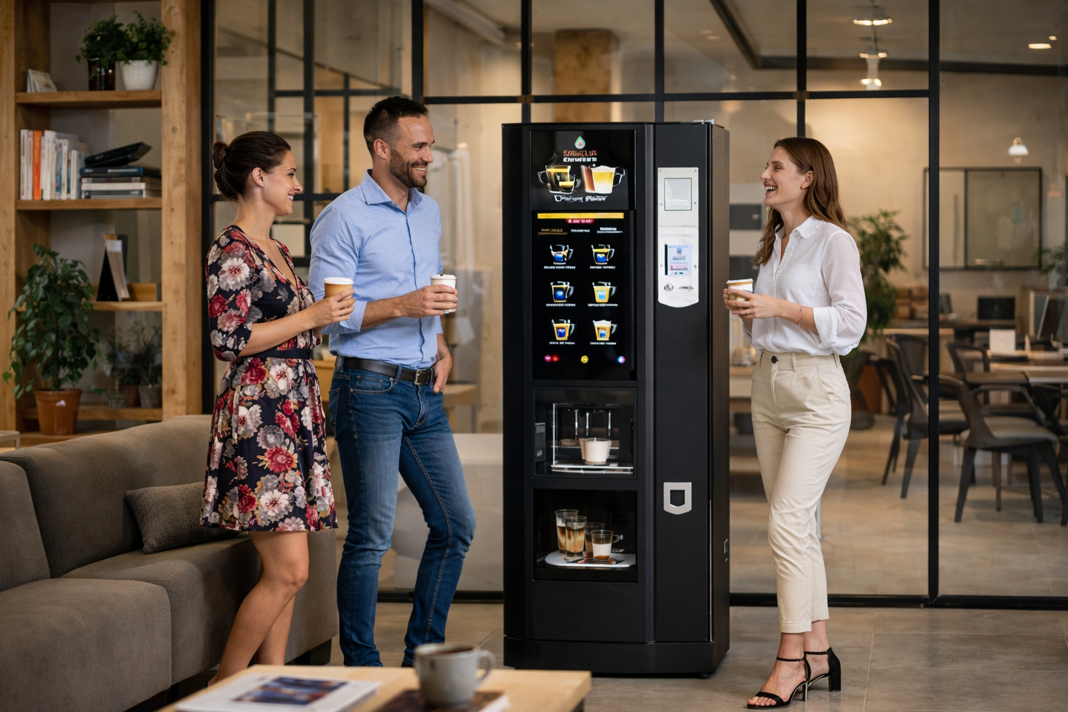Collègues buvant un café devant un distributeur automatique en entreprise